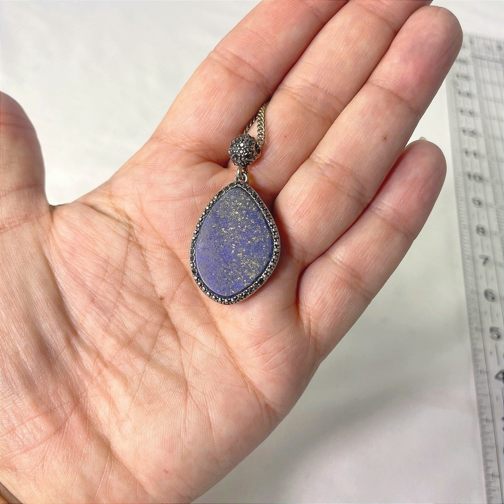 Vintage Lapis Lazuli Teardrop Pendant Necklace Long Chain Blue Gold Fleck Boho - Picture 13 of 16